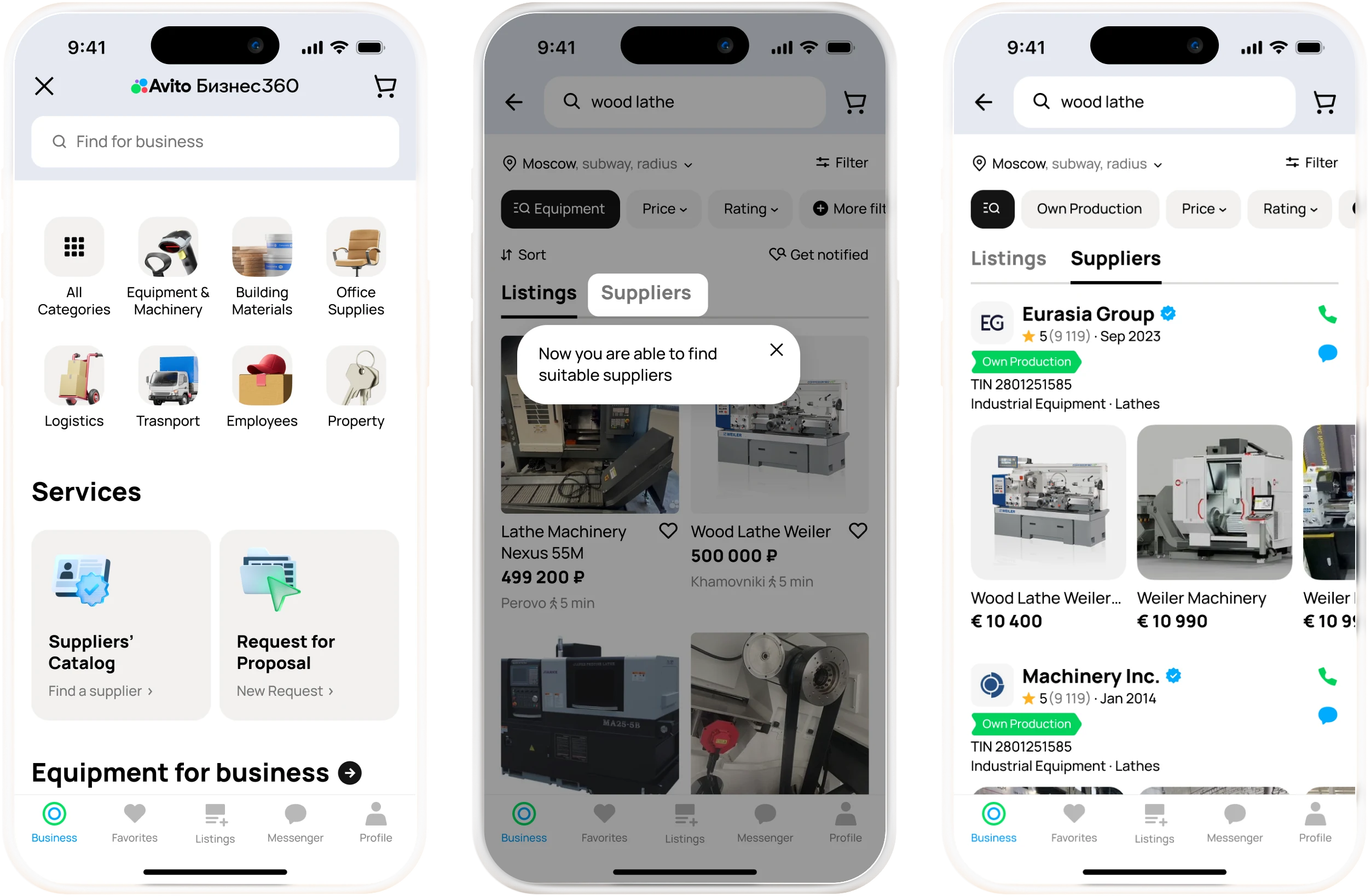 Three mobile screens: the business-oriented entry screen with a Suppliers’ Catalog service, a search results screen introducing the new Suppliers tab, and supplier results showing verified suppliers with example products.